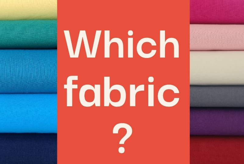 Stacks of bright fabric on each side of the image, with cream text against an orange background saying 'which fabric?'