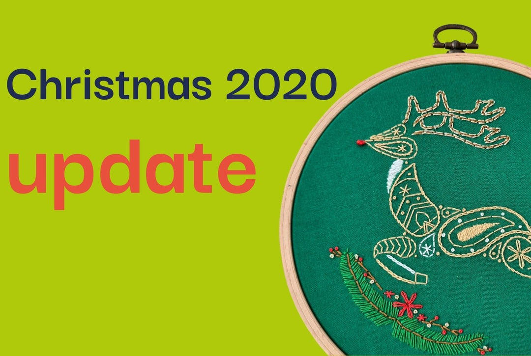 A photo of a christmas reindeer embroidery kit on green fabric