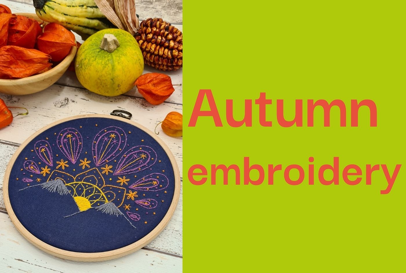 A photo of a paisley sunset embroidery hoop with autumnal decorations.
