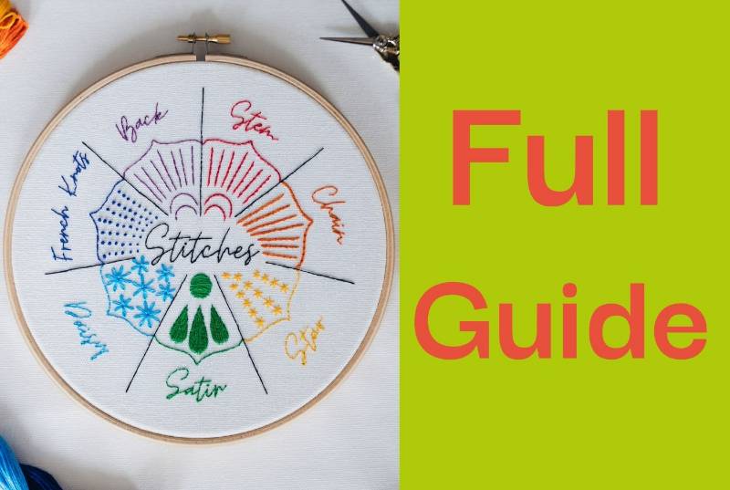 An embroidery stitch sampler with seven types of stitches in different colours