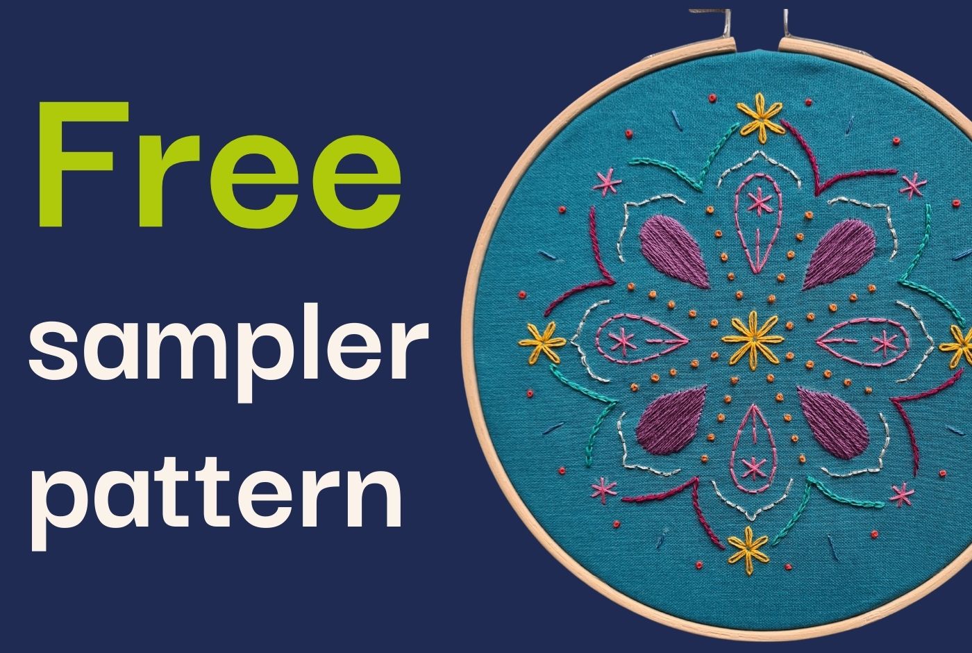 An embroidery hoop with a multicoloured sampler pattern using 8 stitches.