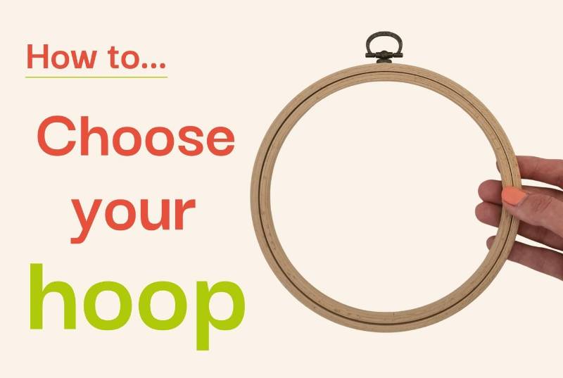 A hand holding an embroidery hoop against a cream background with text saying 'how to choose your embroidery hoop'.