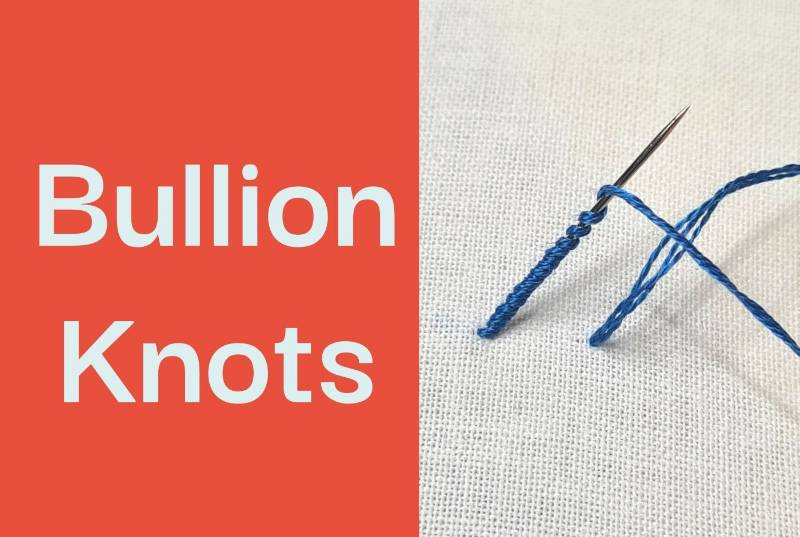 A close up of an embroidery needle making bullion knot stitch.