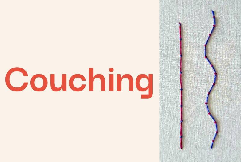 A photo of couching embroidered in red and blue thread.