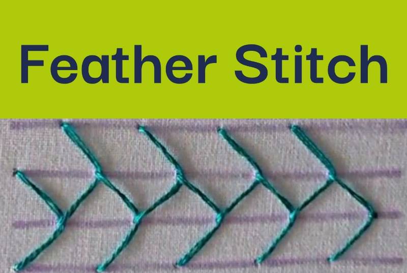 A photo of feather stitch embroidered in teal thread, with accompanying text.
