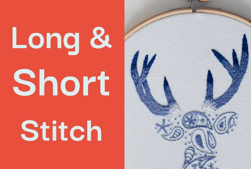 A photo of a deer embroidered on white fabric, with antlers made from long and short stitch, and accompanying text.