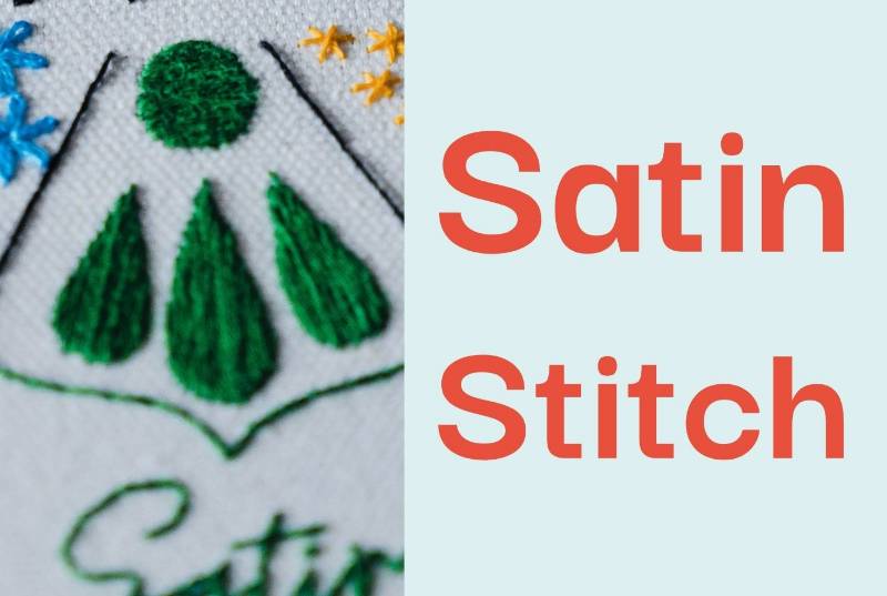 A close up photo of satin stitch embroidered in green thread.
