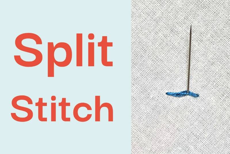 A photo of a needle embroidering split stitch in blue thread on white fabric.