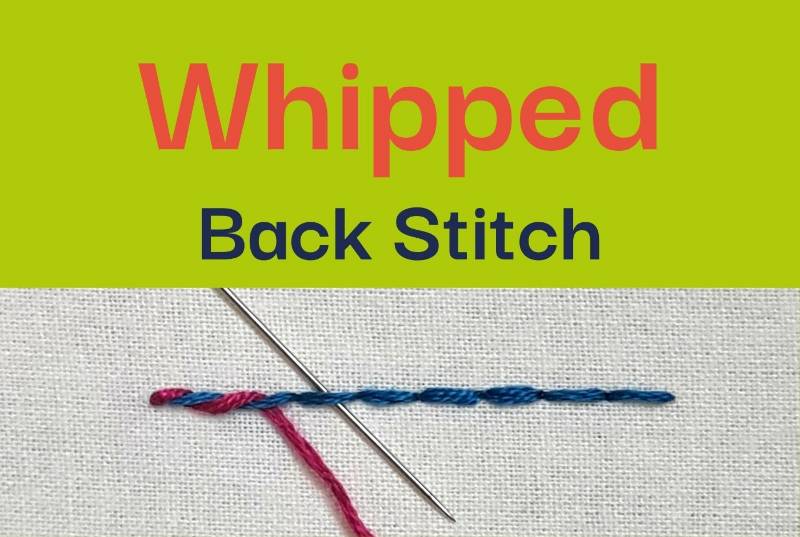 Close up of whipped back stitch, in two colours of embroidery thread against white fabric