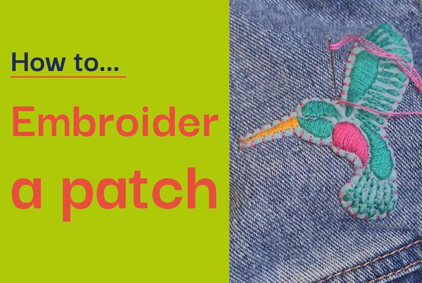 A photo of an embroidered patch with a hummingbird design, stitched on a denim jacket.