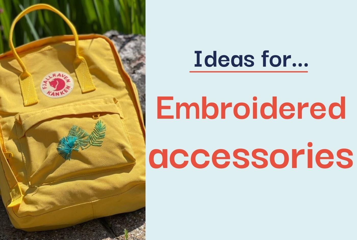 A yellow backpack embroidered with leaf designs against a grassy backdrop.