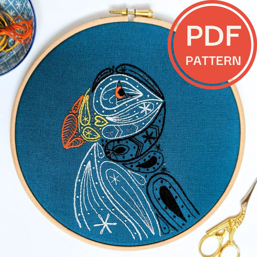 Paisley Puffin Embroidery Pattern | Paraffle Embroidery