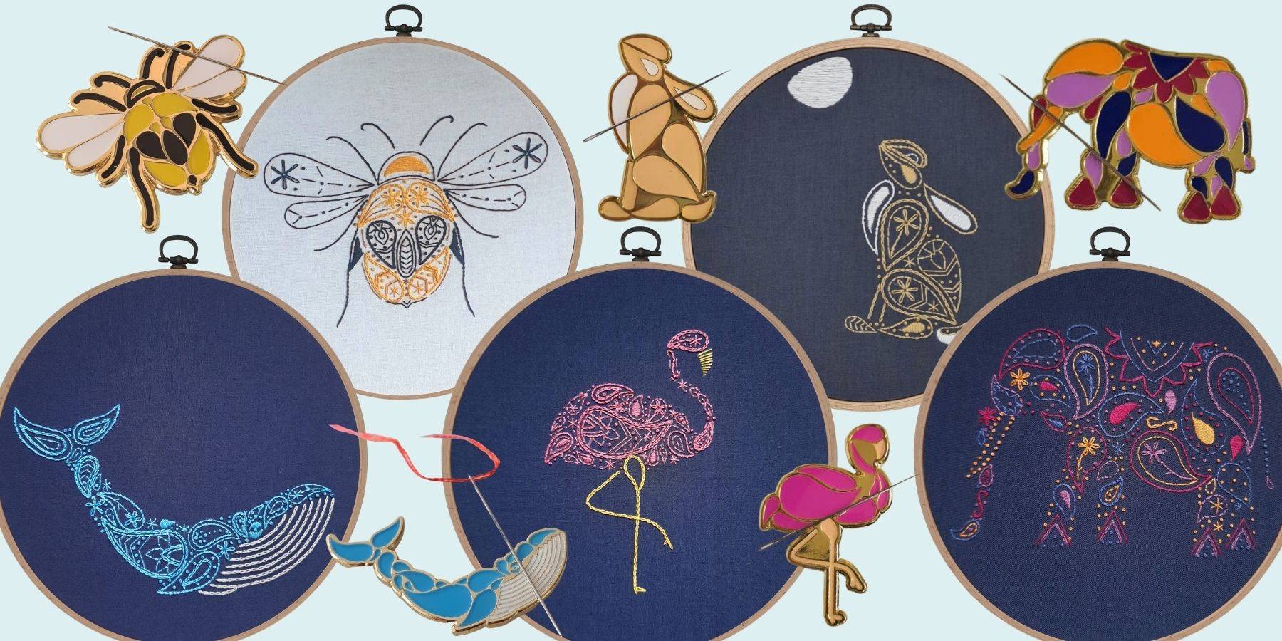 A collage of five embroidery hoops and five needle minders, each displaying a colourful animal design