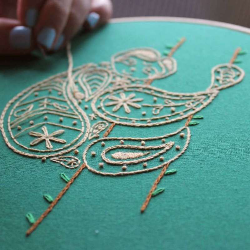 Angled close up of paisley sloth being embroidered on green fabric