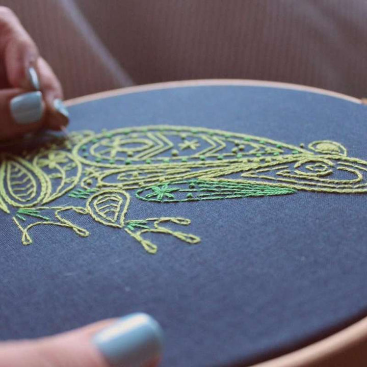 Angled close up photo of a frog embroidered using shades of green on a navy fabric