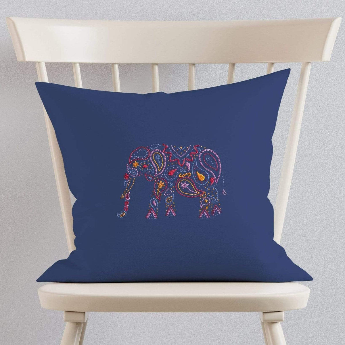 Elephant embroidery pattern stitched on a cushion