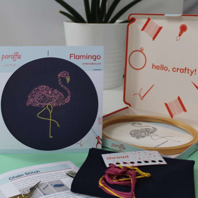Photo showing the contents of the Flamingo tote bag embroidery kit