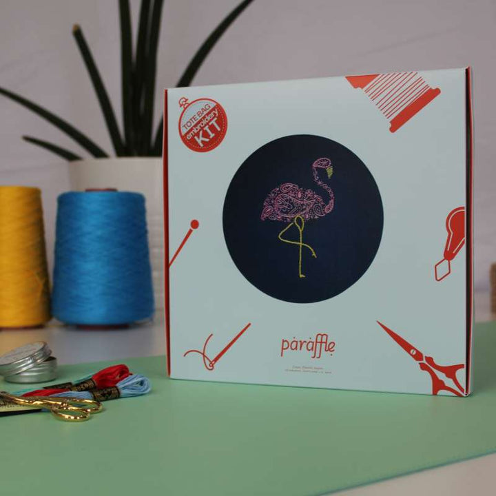Photo showing the gift box packaging the Flamingo Tote bag embroidery kit arrives in