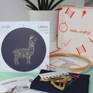 Photo showing the contents of the Llama tote bag embroidery kit