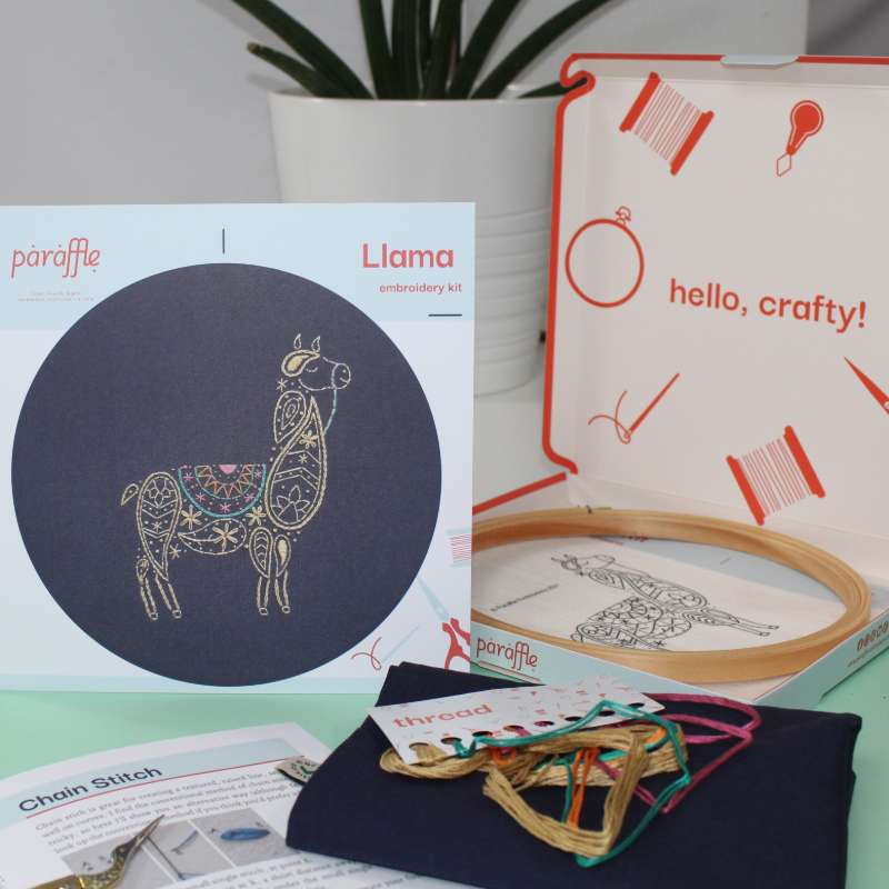 Photo showing the contents of the Llama tote bag embroidery kit