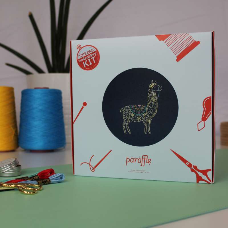 Photo showing the gift box packaging the Llama Tote bag embroidery kit arrives in