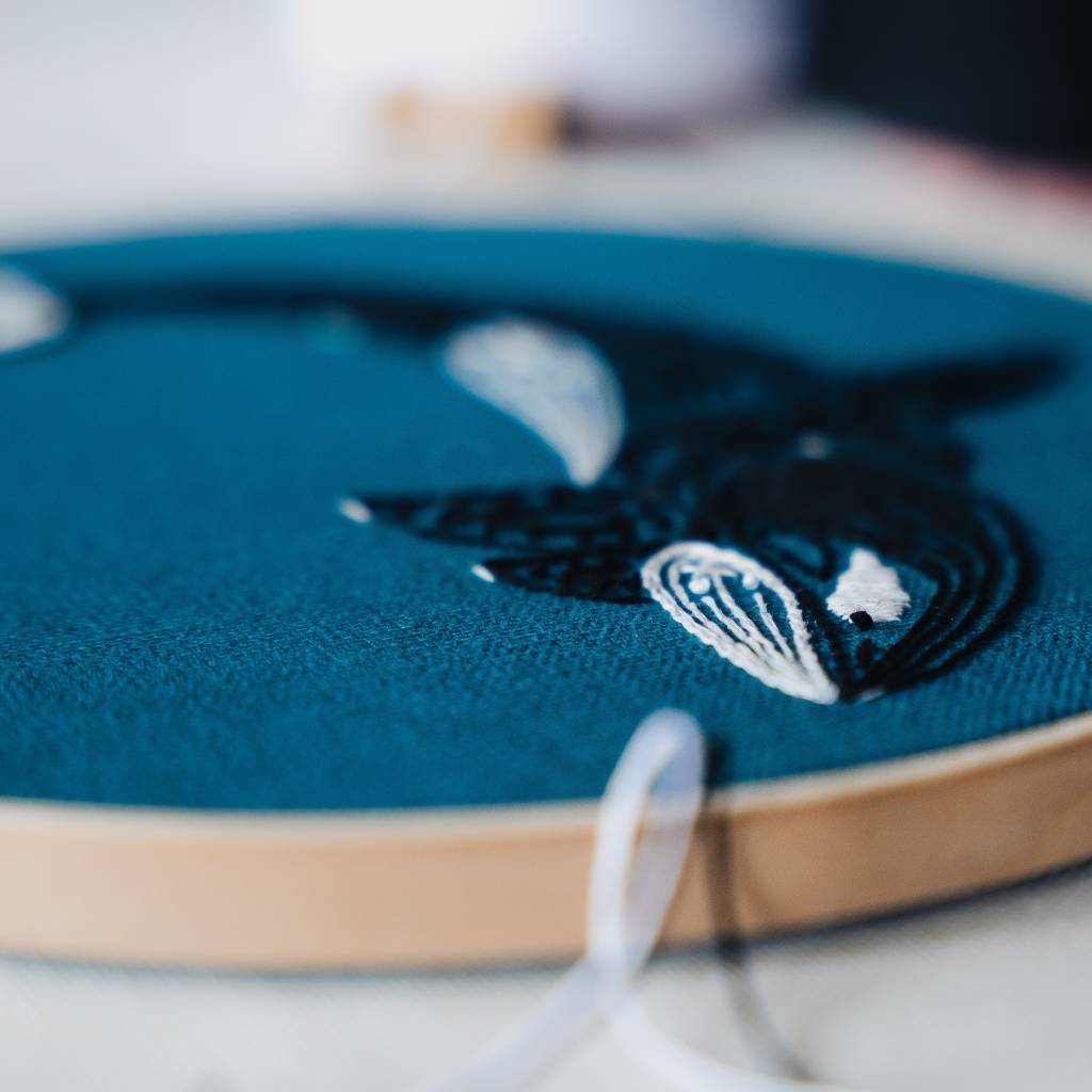 A very close up photo of the head of a finished orca embroidery design on teal fabric. Made using this orca embroidery kit product.