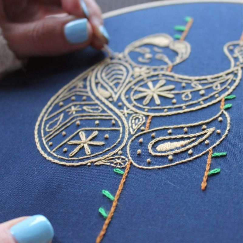 A close up angled photo of a paisley inspired sloth embroidery design being sewn on navy fabric
