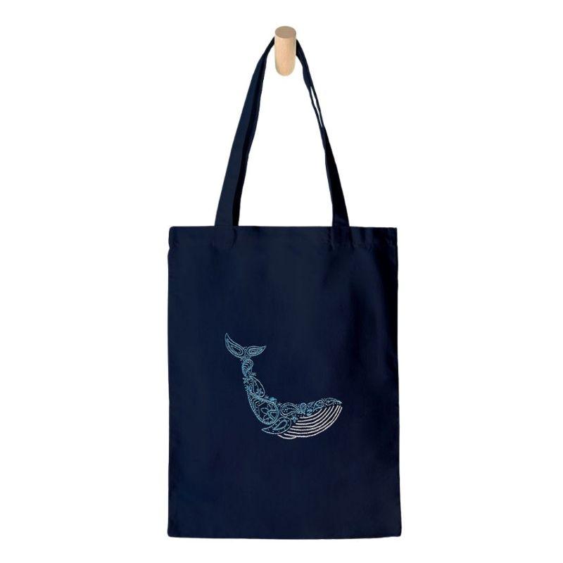 Whale embroidery pattern stitched on a tote