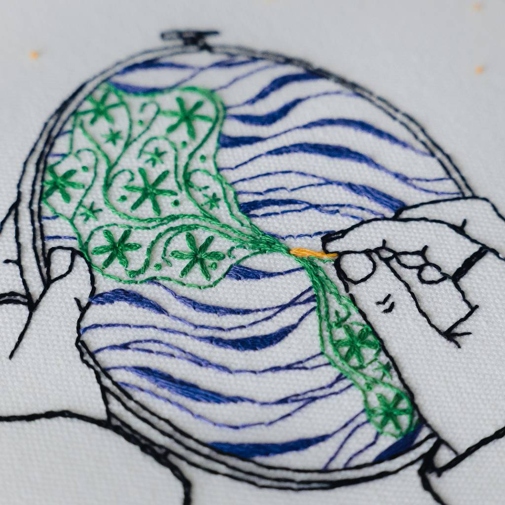 Close up of a globe embroidery design, stitched on cream fabric.