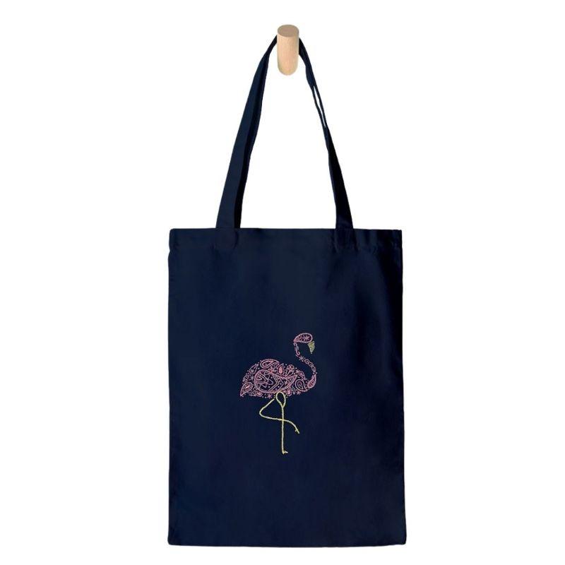 Flamingo embroidery pattern stitched on a tote