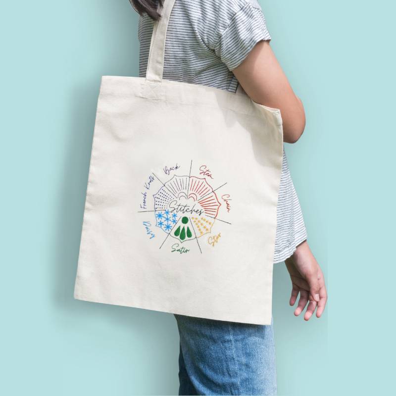 A person stands side on, holding a cream tote bag over their shoulder. The bag is stitched with an embroidery sampler design in rainbow colours.