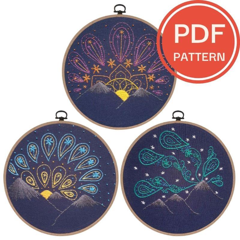 Paraffle Embroidery Pattern Set of 3 - Paisley Skies Embroidery Patterns